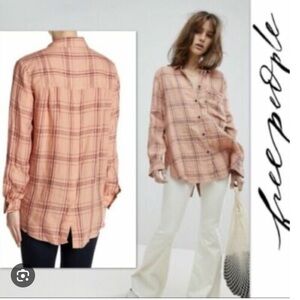 Free People Large Linen Tunic Top Long Sleeve Button Front & Back Womens